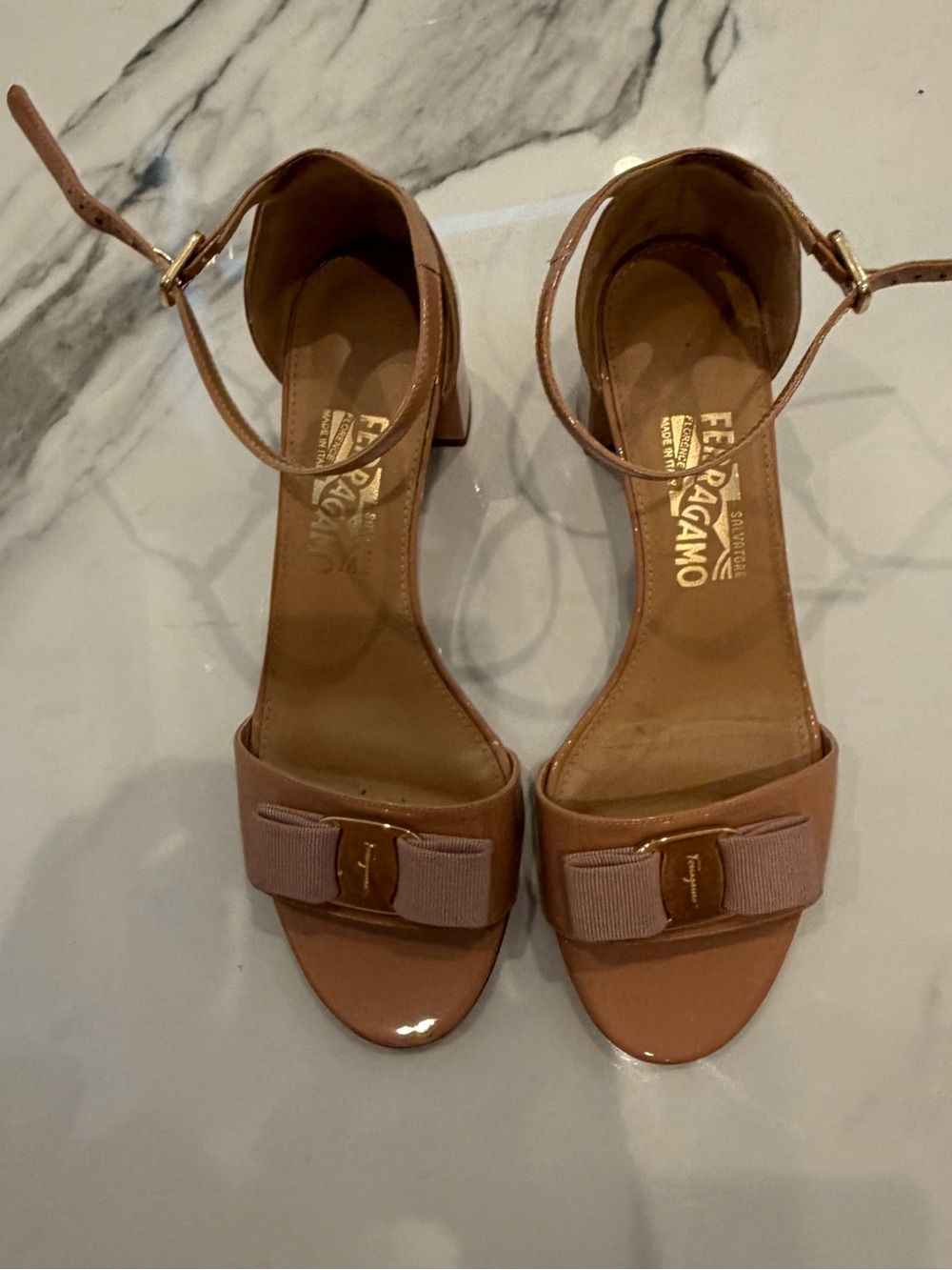 Salvatore Ferragamo Nude Patent Vara Bow Ankle-Strap Heels 39